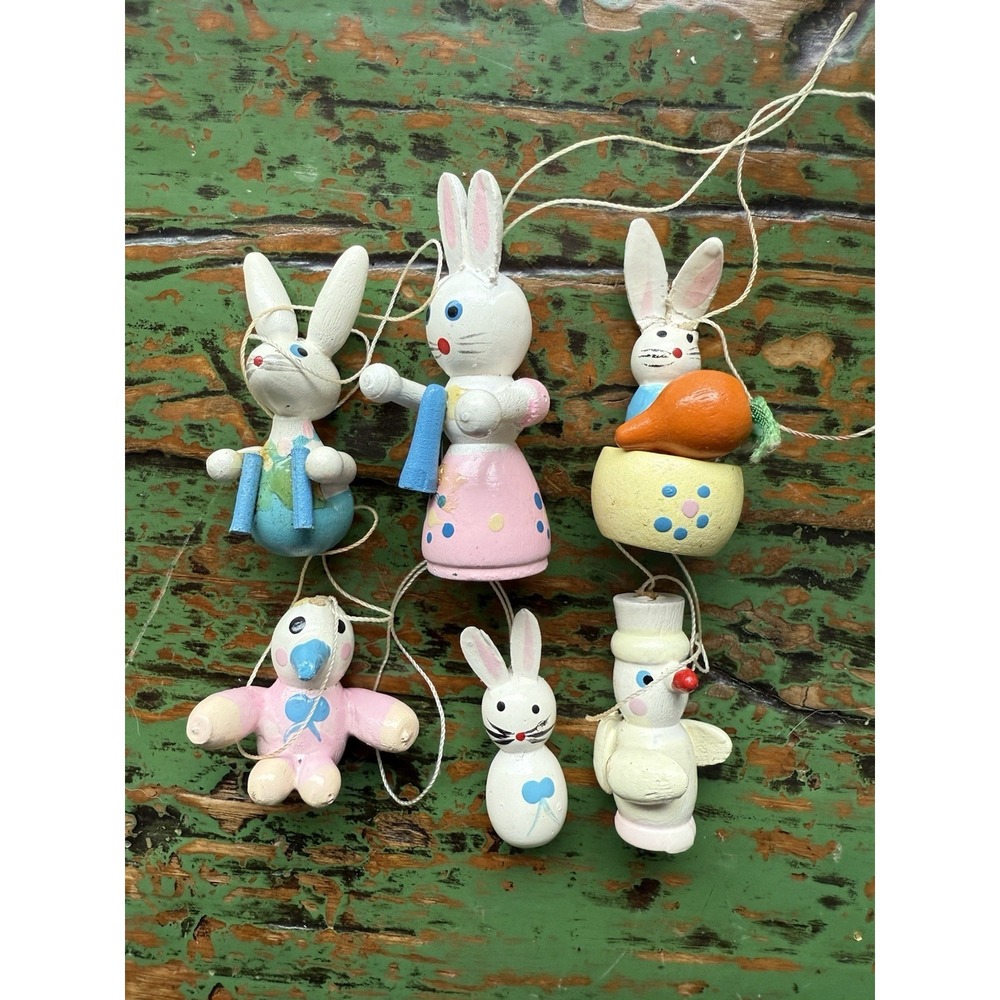 6 Vintage Miniature Wooden Wood Easter Bunny Ducks Christmas Tree Ornaments